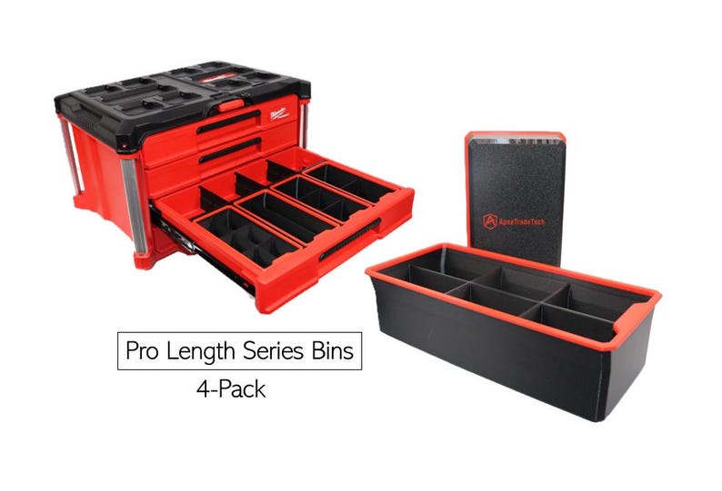 Pro-Length Series Bin | Milwaukee PACKOUT 3 or 4 Slim Drawer | 4 Pack | Toolbox Organizer